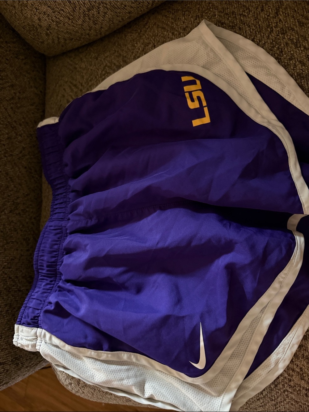 Nike Purple Athletic Shorts with White Trim and Yellow LSU Logo